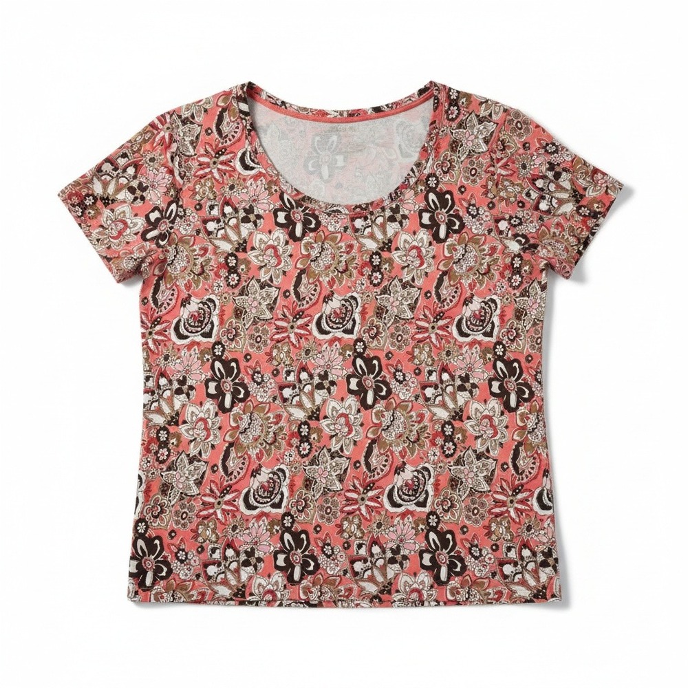 White Stag Womens Large Coral Floral Paisley Cotton Short Sleeve T-Shirt